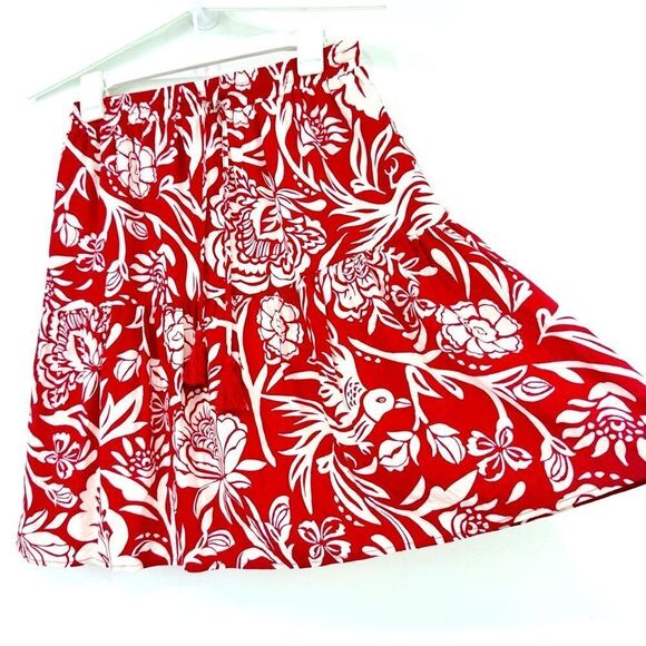 Knox Rose Red White Floral Bird Print Tassel Drawstring Tiered A Line Skirt - Picture 2 of 10